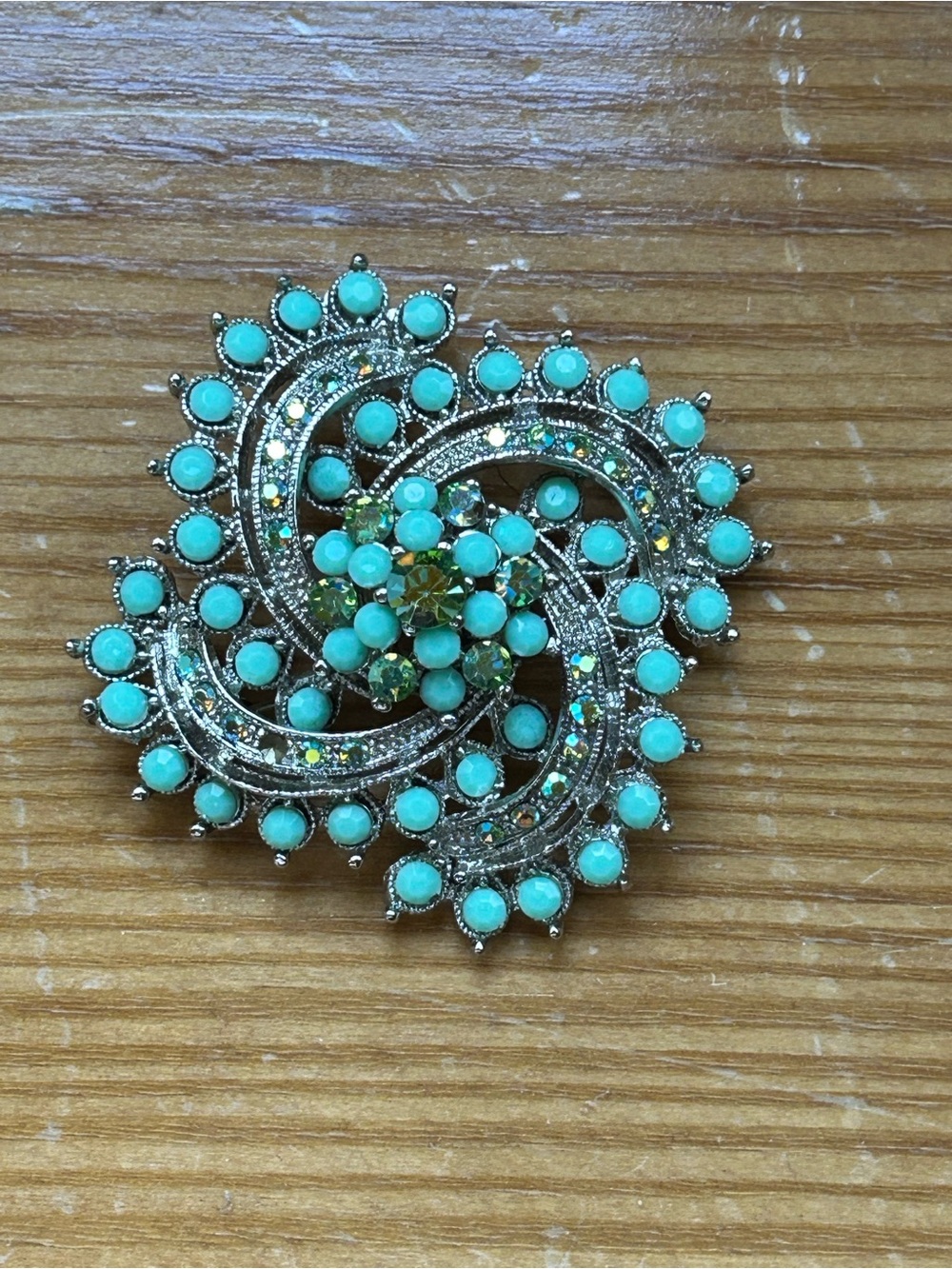 Vintage Faux Turquoise & Rhinestone Starburst Brooch - Silver Tone Pinwheel Pin